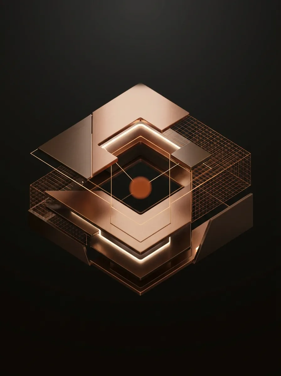 An isometric copper structure layered around a glowing core