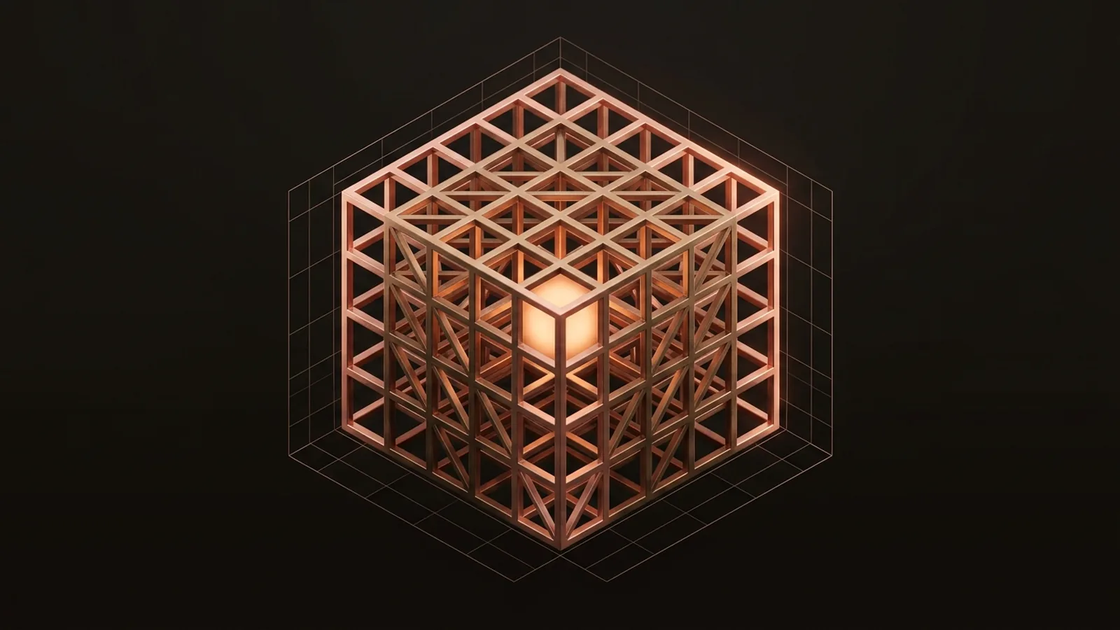 An isometric copper lattice cube built up around a single glowing core