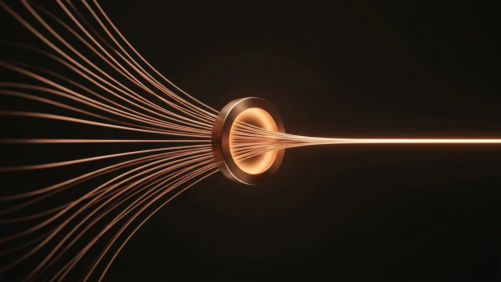 Fine copper filaments converging through a glowing aperture into a single bright line