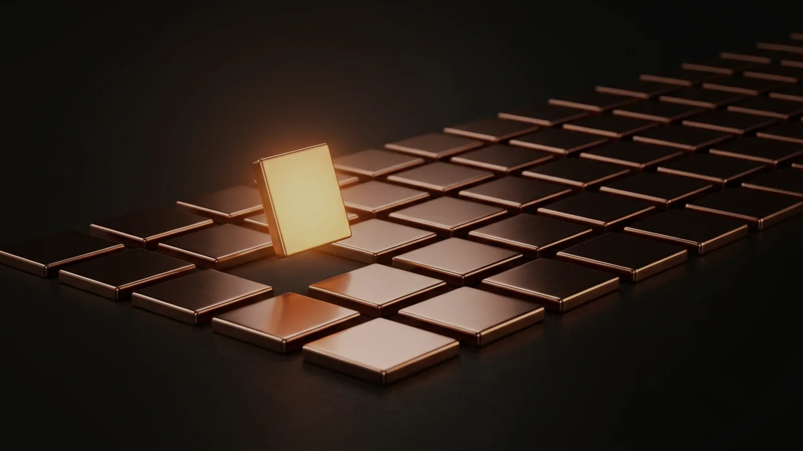 Copper tiles in a grid, one lifted and glowing