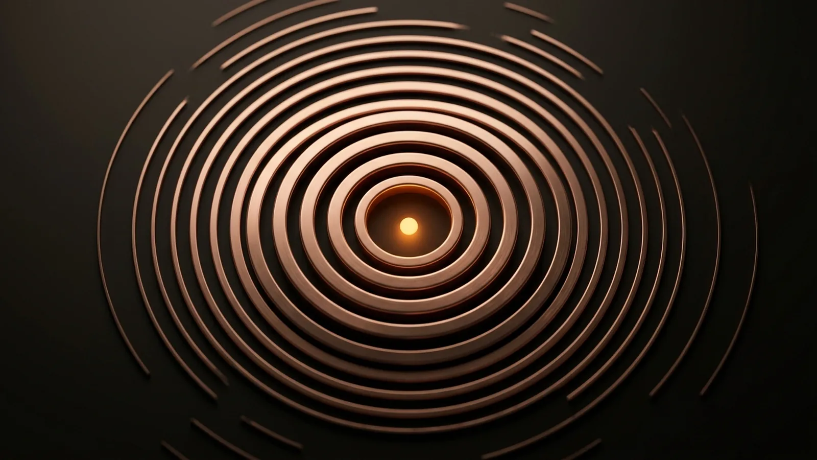 Concentric copper rings rippling out from one glowing point, a sound wave in metal