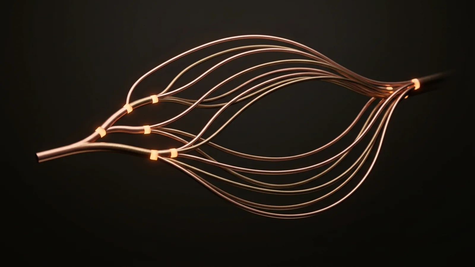 Copper tubes branching from one trunk through glowing junctions and converging again