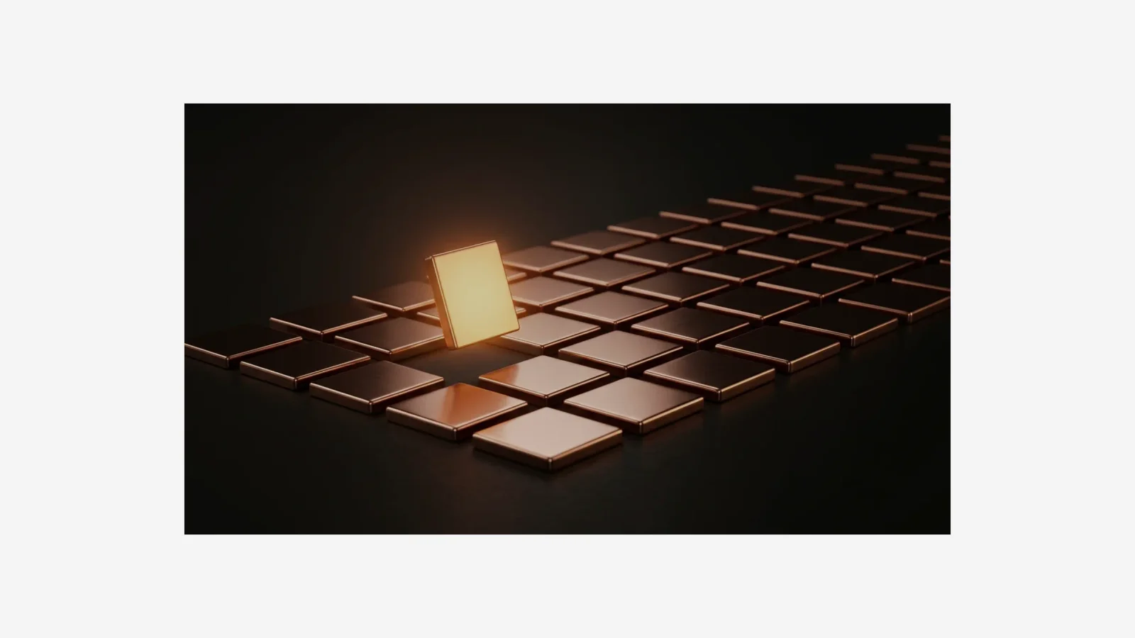 Copper tiles in a grid, one lifted and glowing
