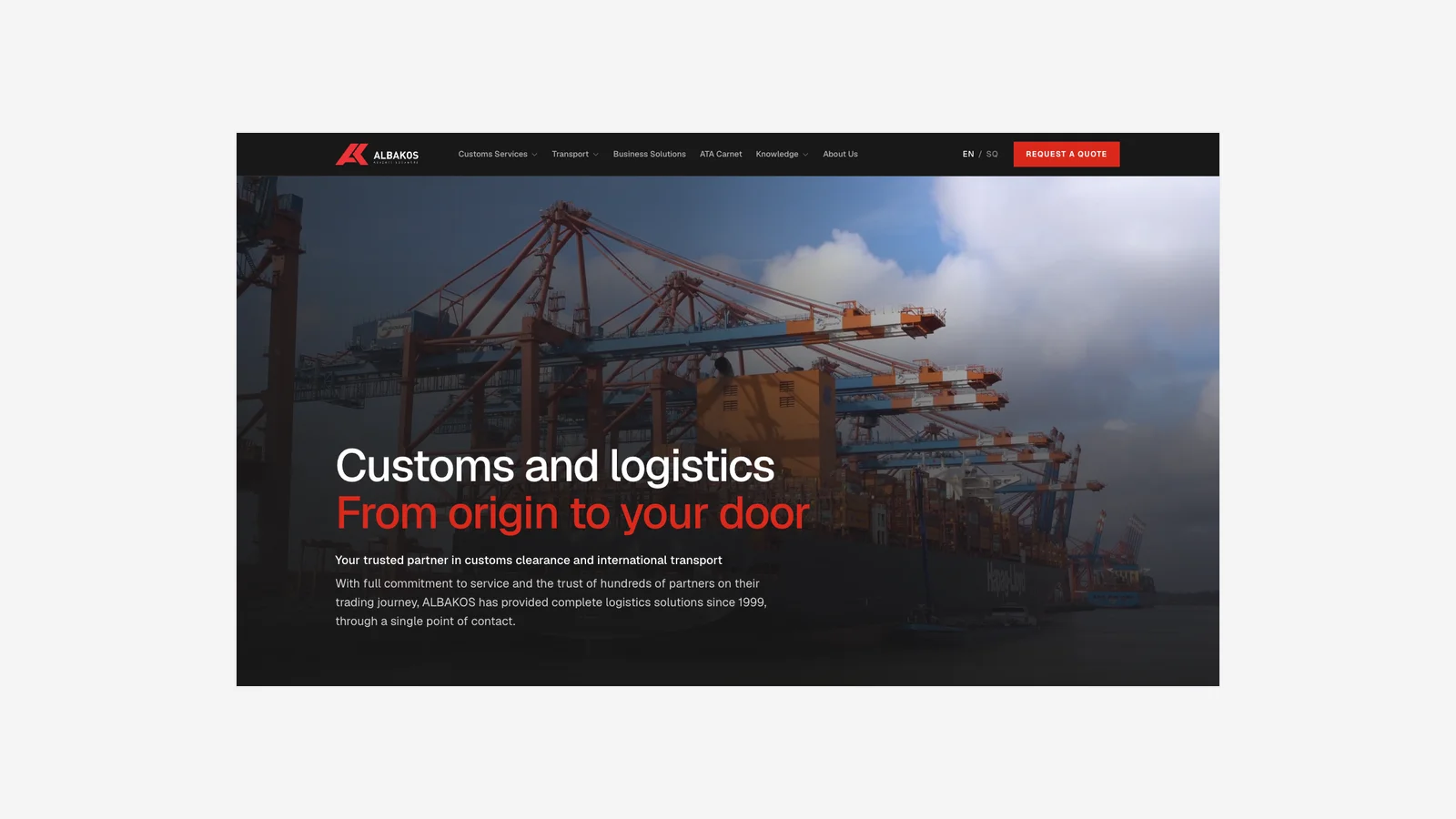 The Albakos homepage, with container cranes behind the headline “Customs and logistics, from origin to your door”
