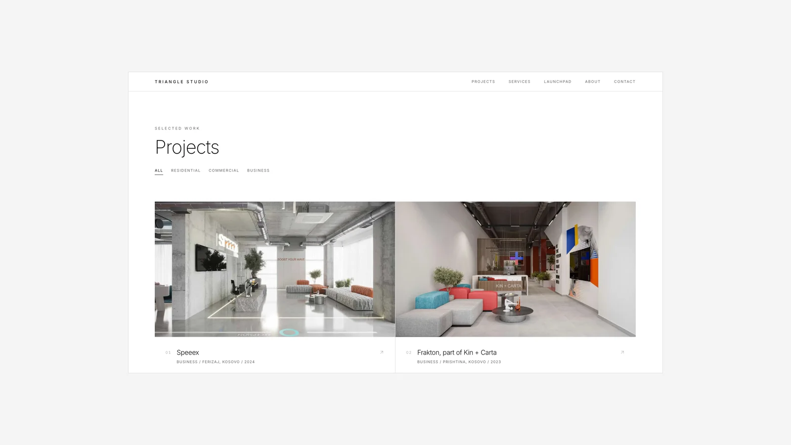 The Triangle Studio projects page, showing the Speeex and Frakton office interiors